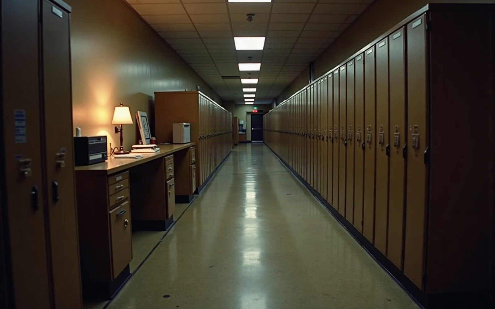 Empty school hallway lined with lockers, with a desk lamp glowing at one station