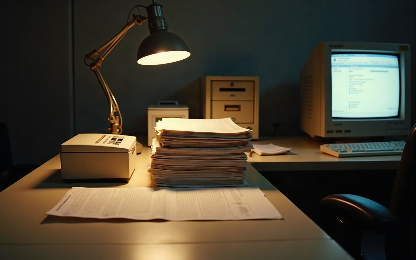 A desk lamp illuminates stacked paperwork beside an old CRT monitor in a dim office