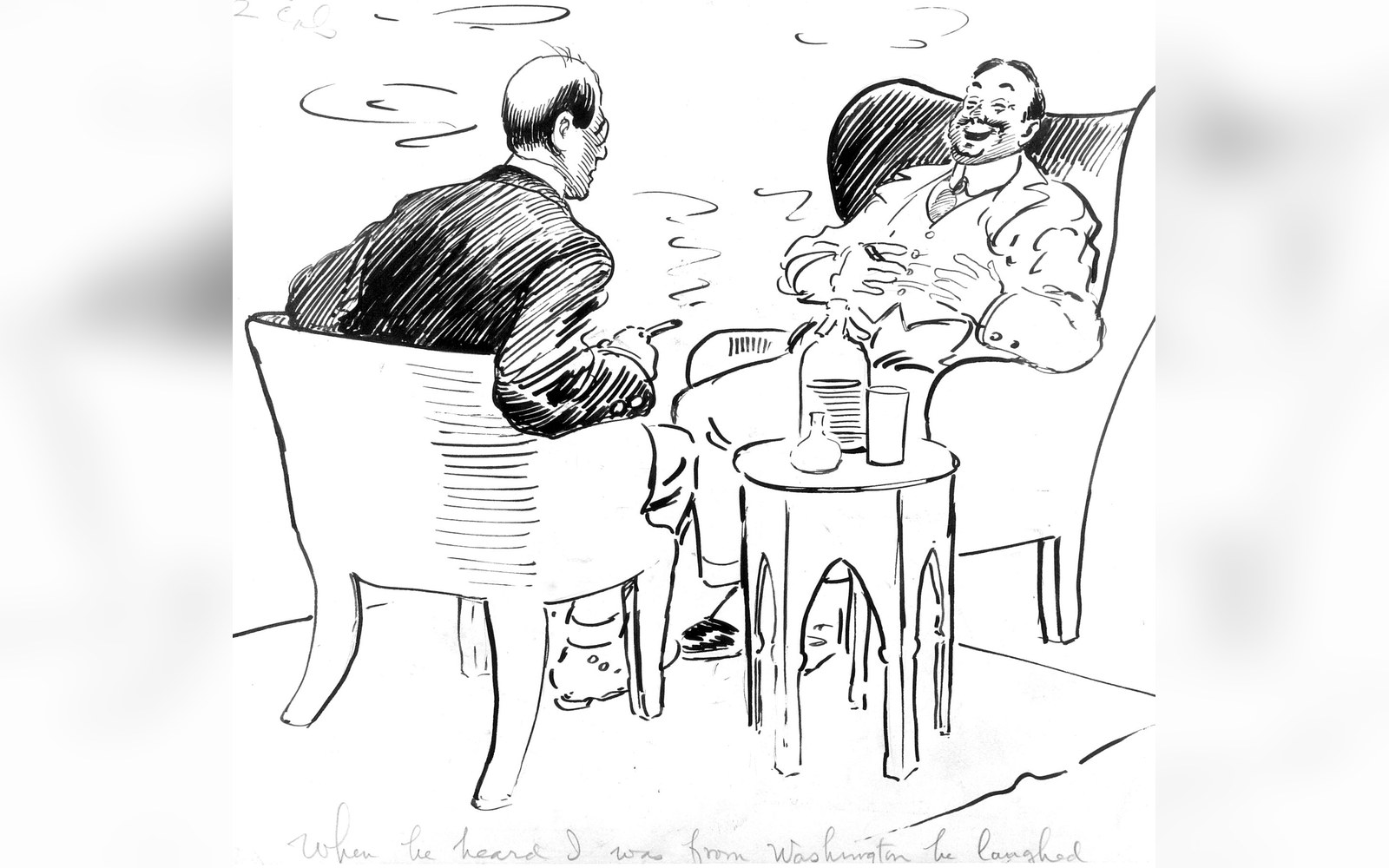 Vintage pen-and-ink drawing of two men in armchairs laughing beside a small table