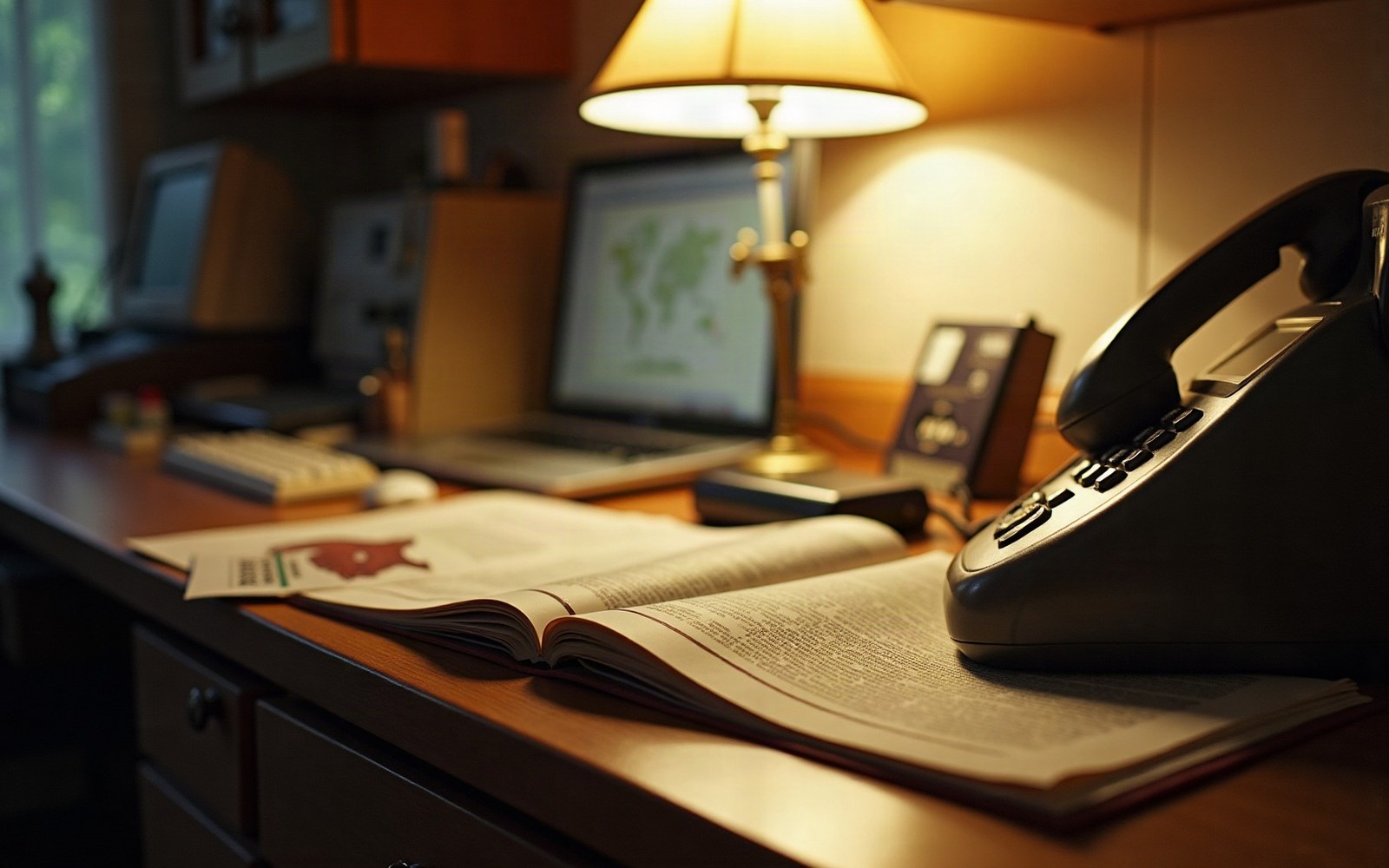 An open book beside a landline telephone on a desk with a lit lamp and computer monitor