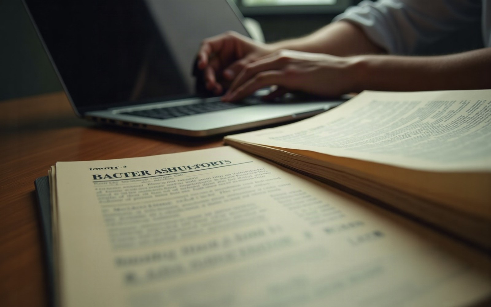 Hands typing on a laptop beside an open printed document on a wooden desk