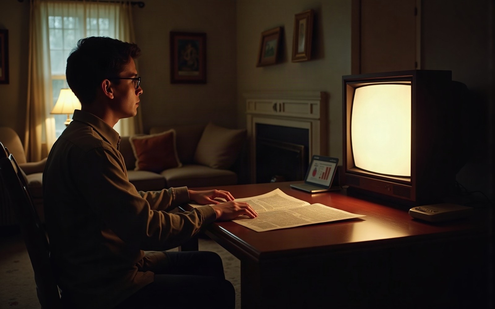 Man reading a newspaper at a desk beside a glowing vintage television in a dim living room