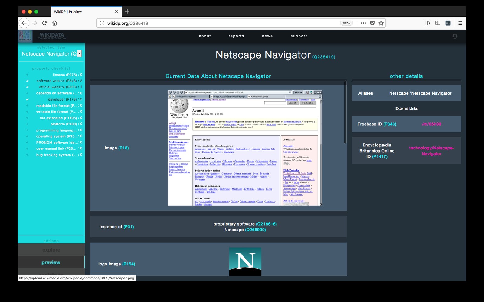 Wikidata page for Netscape Navigator showing a browser screenshot, aliases, and logo