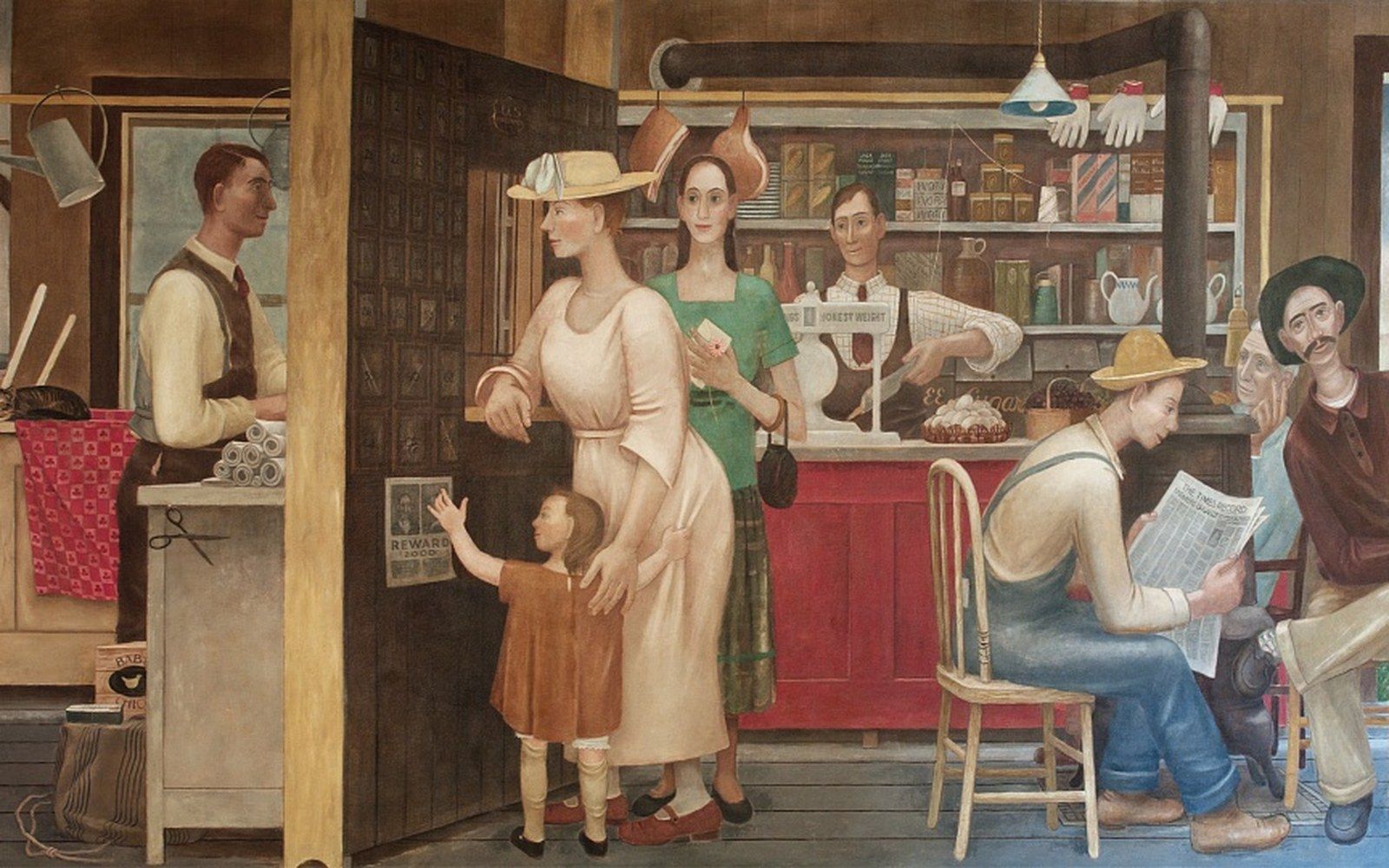 Painted mural of a general store with shoppers, a clerk, and men reading newspapers