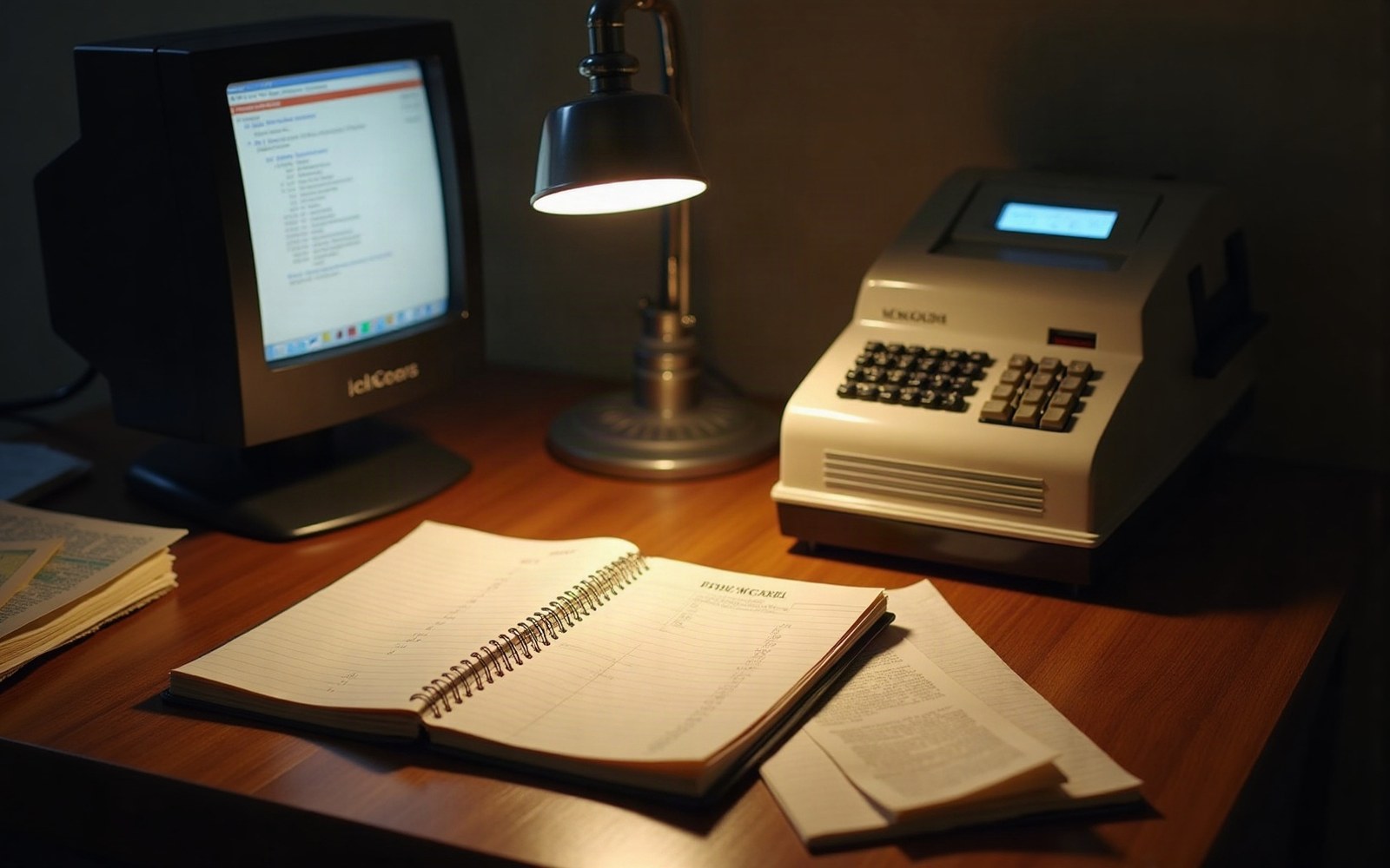Desk lamp illuminates an open notebook, calculator, and CRT monitor showing text