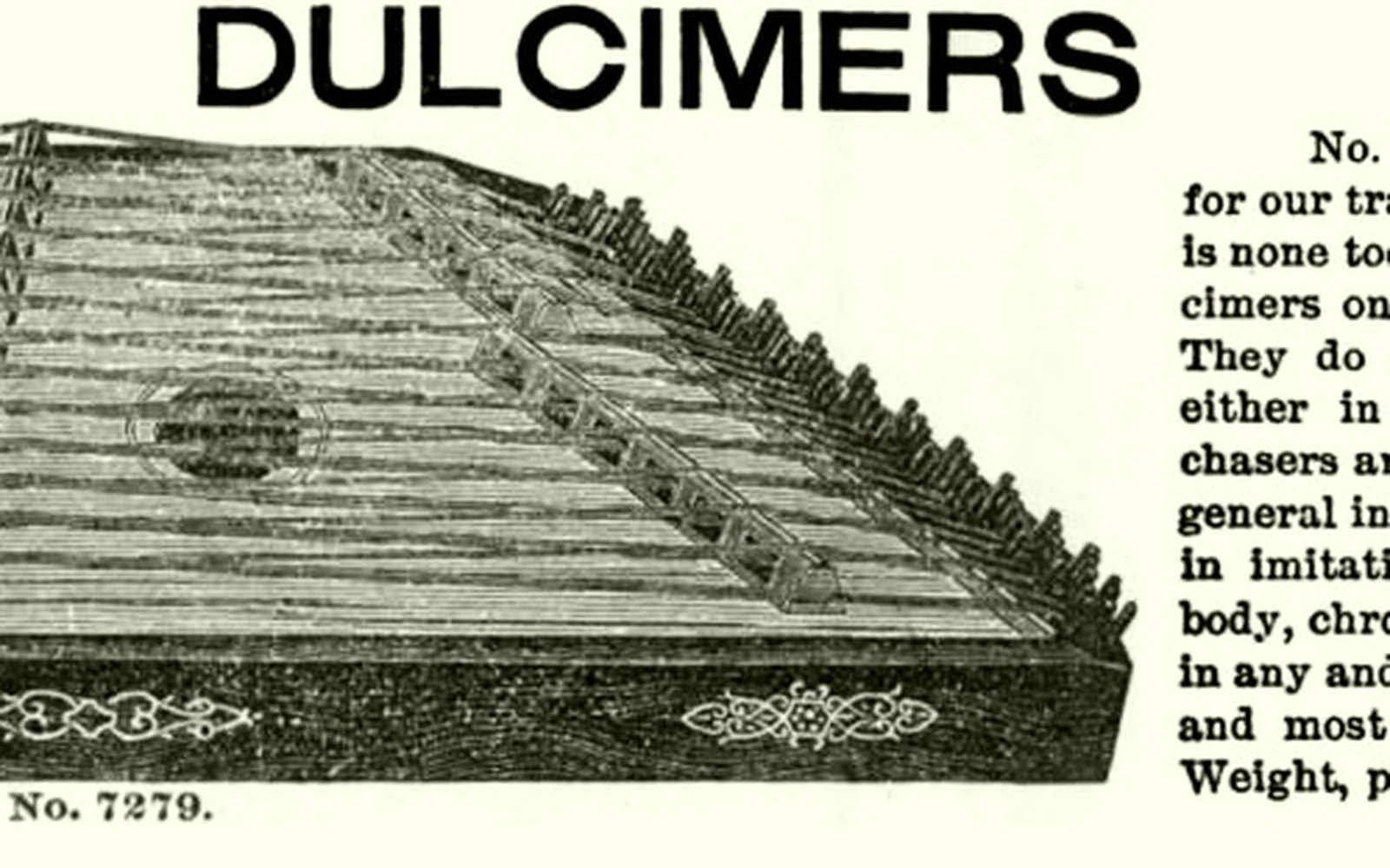 Vintage catalog engraving of a trapezoidal hammered dulcimer with strings and tuning pegs