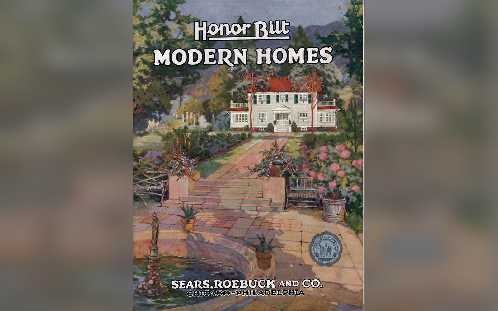 Sears "Honor Bilt Modern Homes" catalog cover illustrating a large house with landscaped garden path