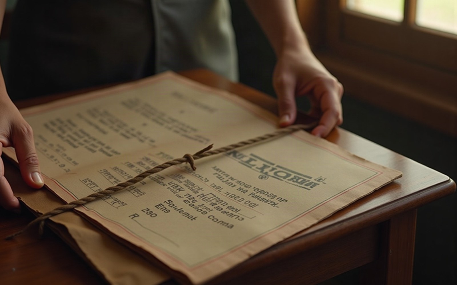 Hands untying a string-bound bundle of old typed documents on a wooden table