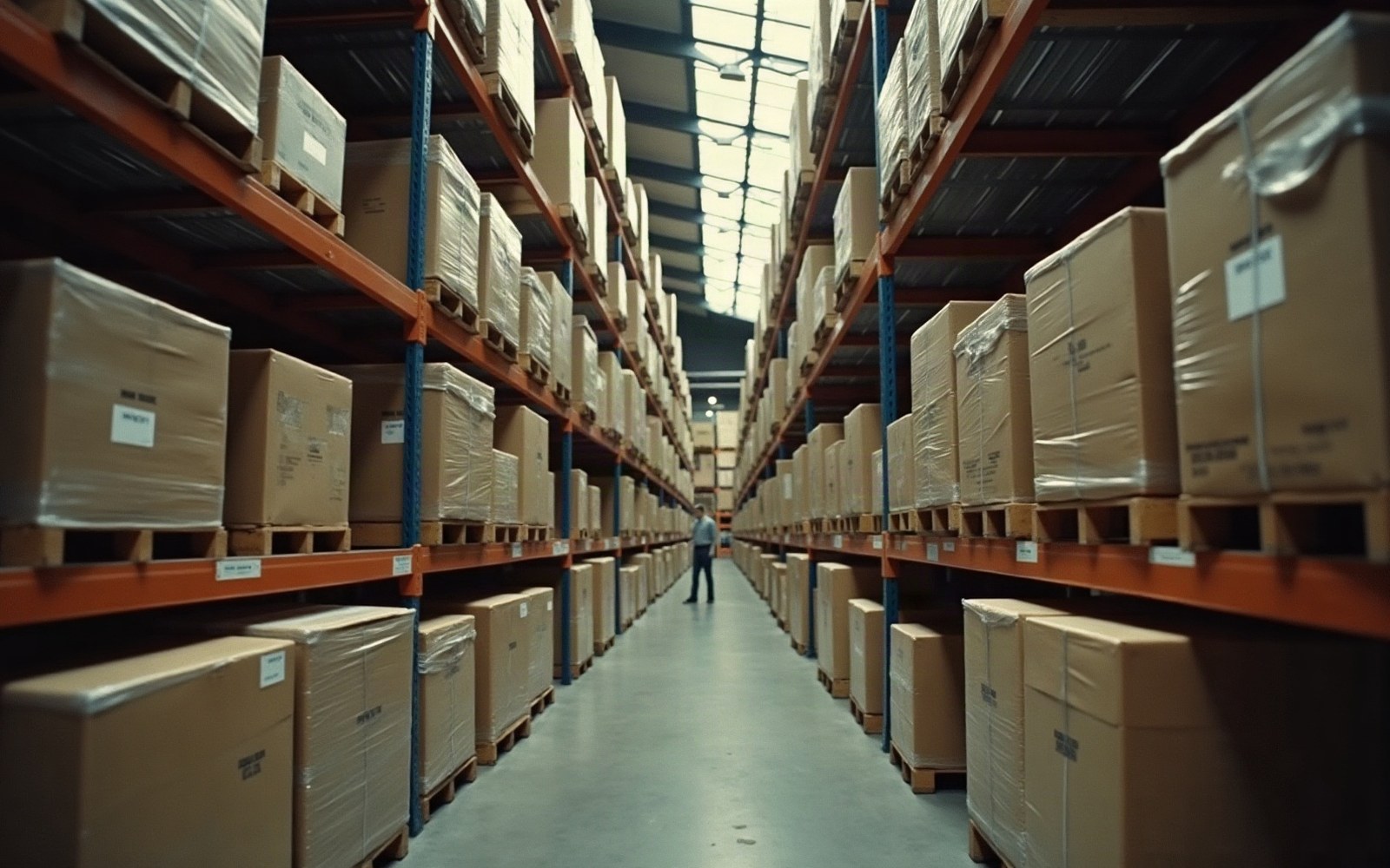 A worker walks down a narrow aisle between tall warehouse shelves stacked with boxes
