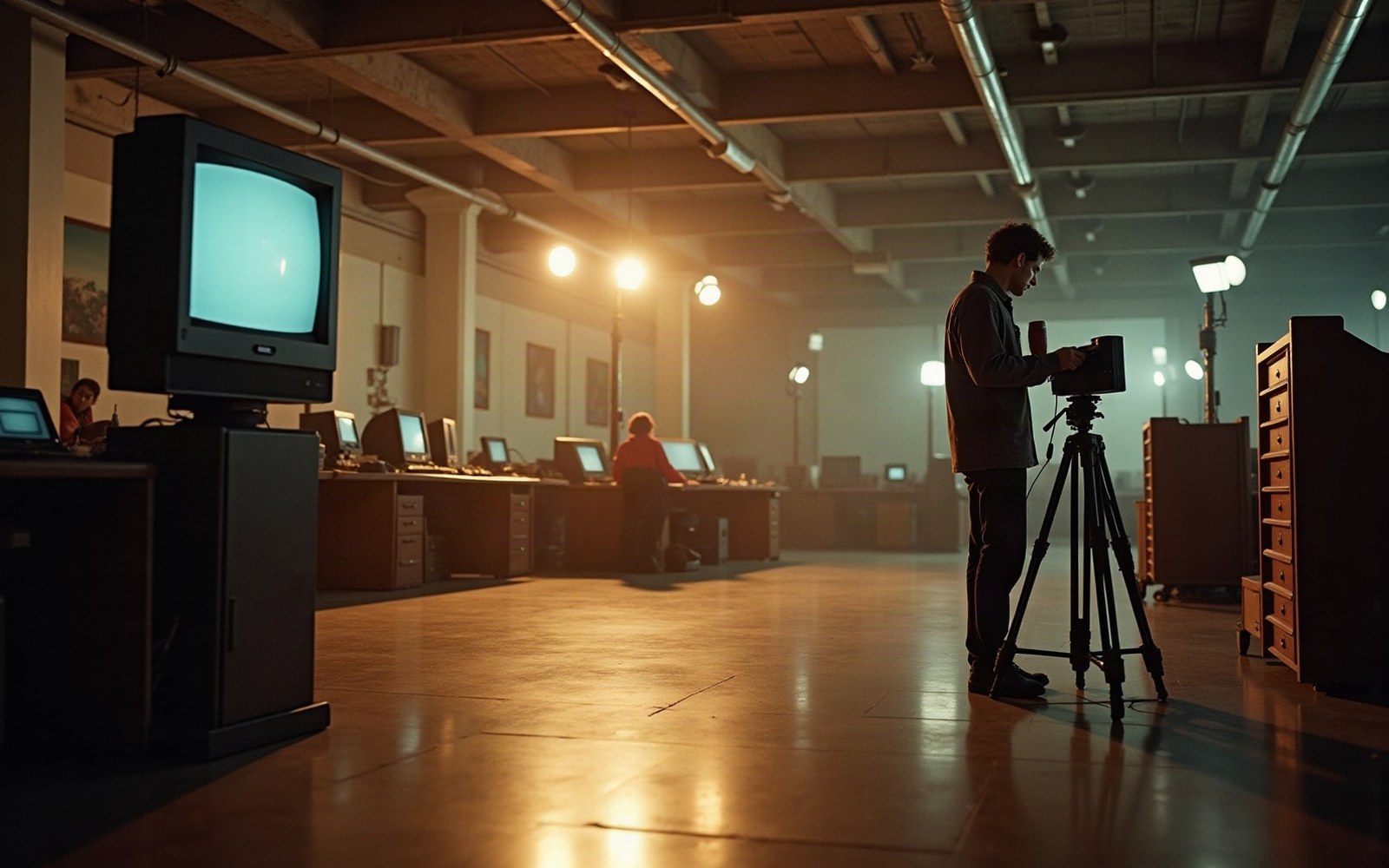 A man adjusts a camera on a tripod in a dimly lit office with old television monitors