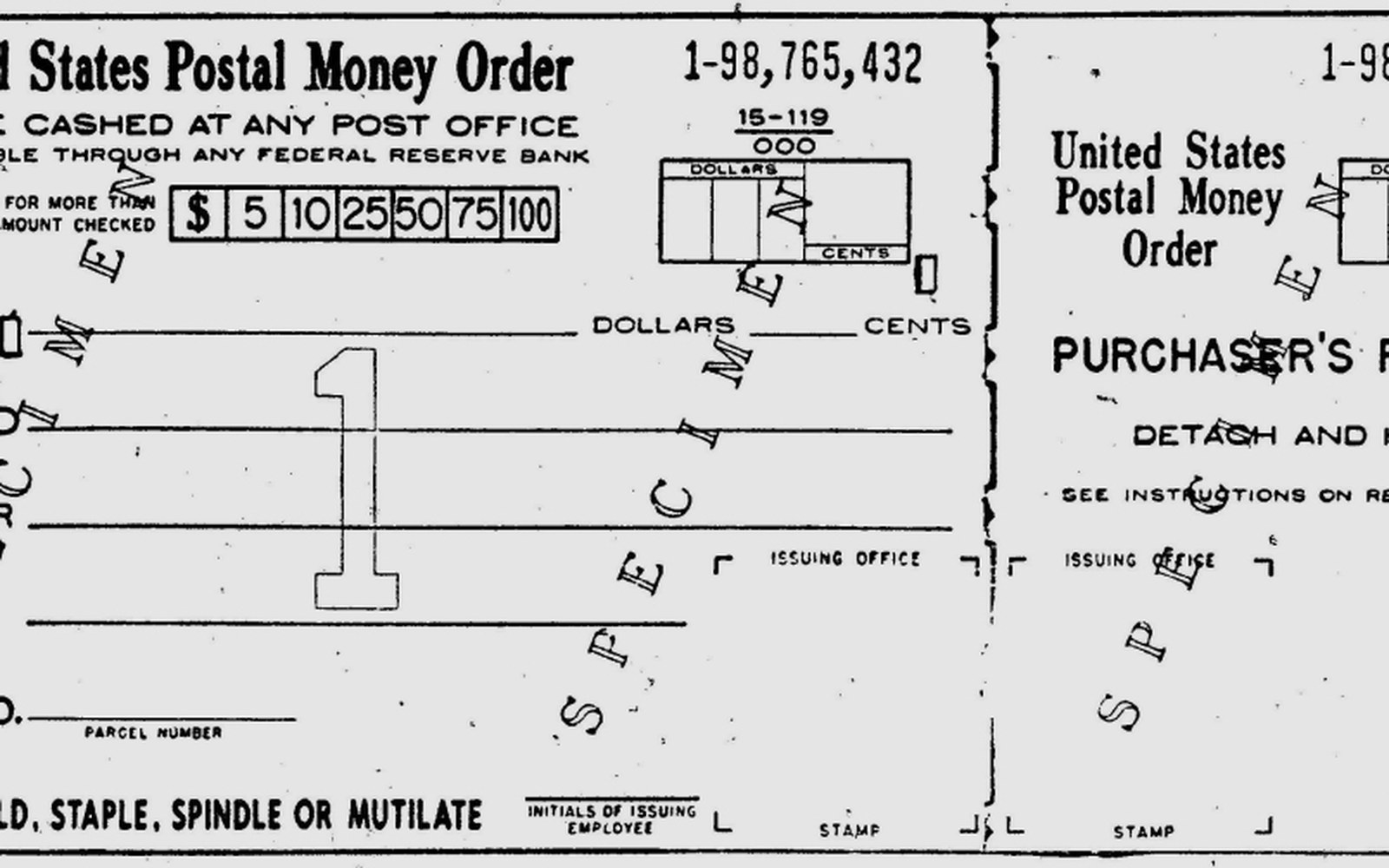 A specimen United States Postal Money Order form with a detachable purchaser's receipt stub