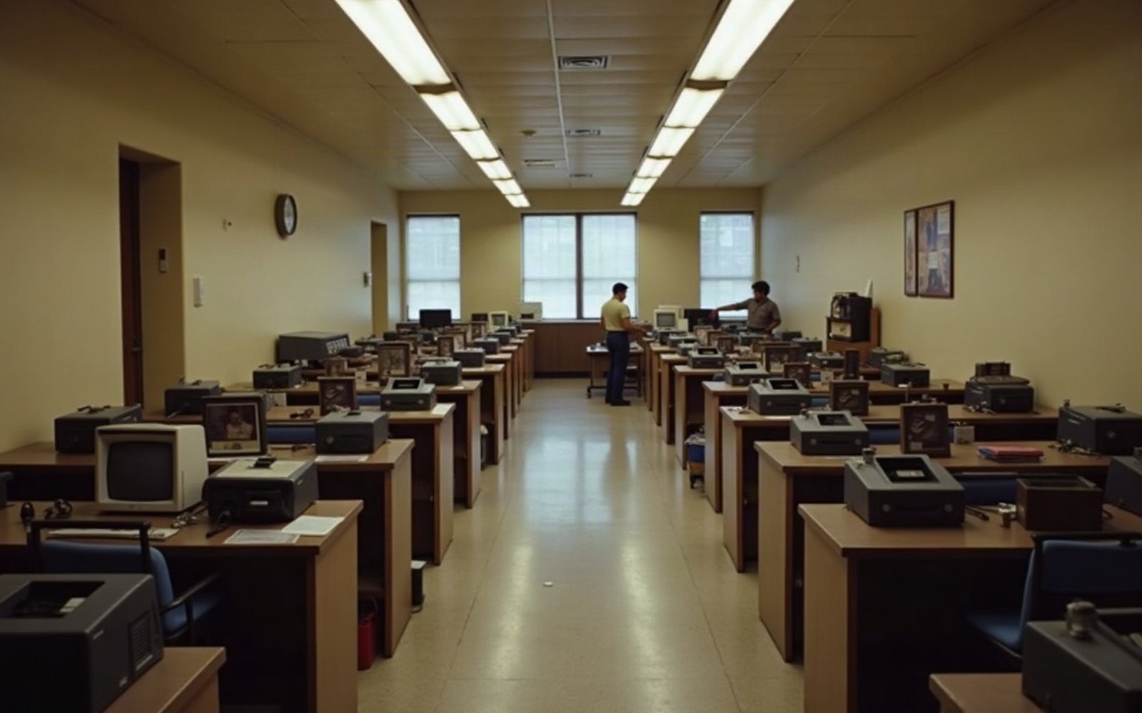 Rows of vintage desktop computers fill an empty office with fluorescent lighting