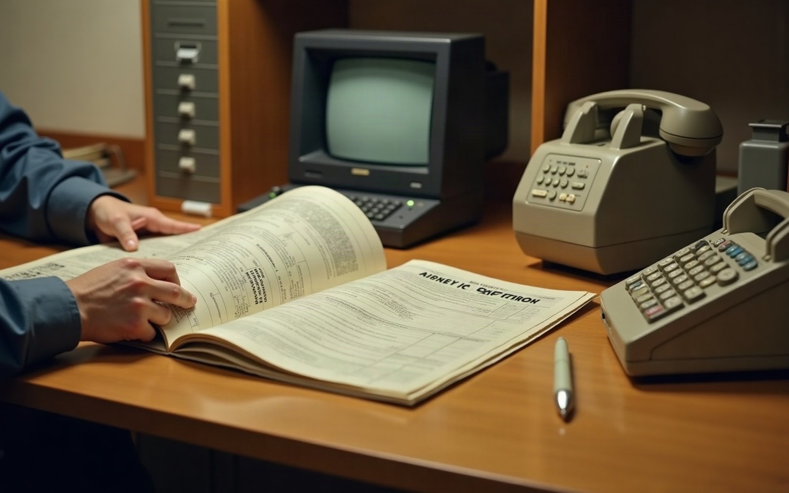 Hands flip through a printed directory beside an old computer terminal and telephone on a desk