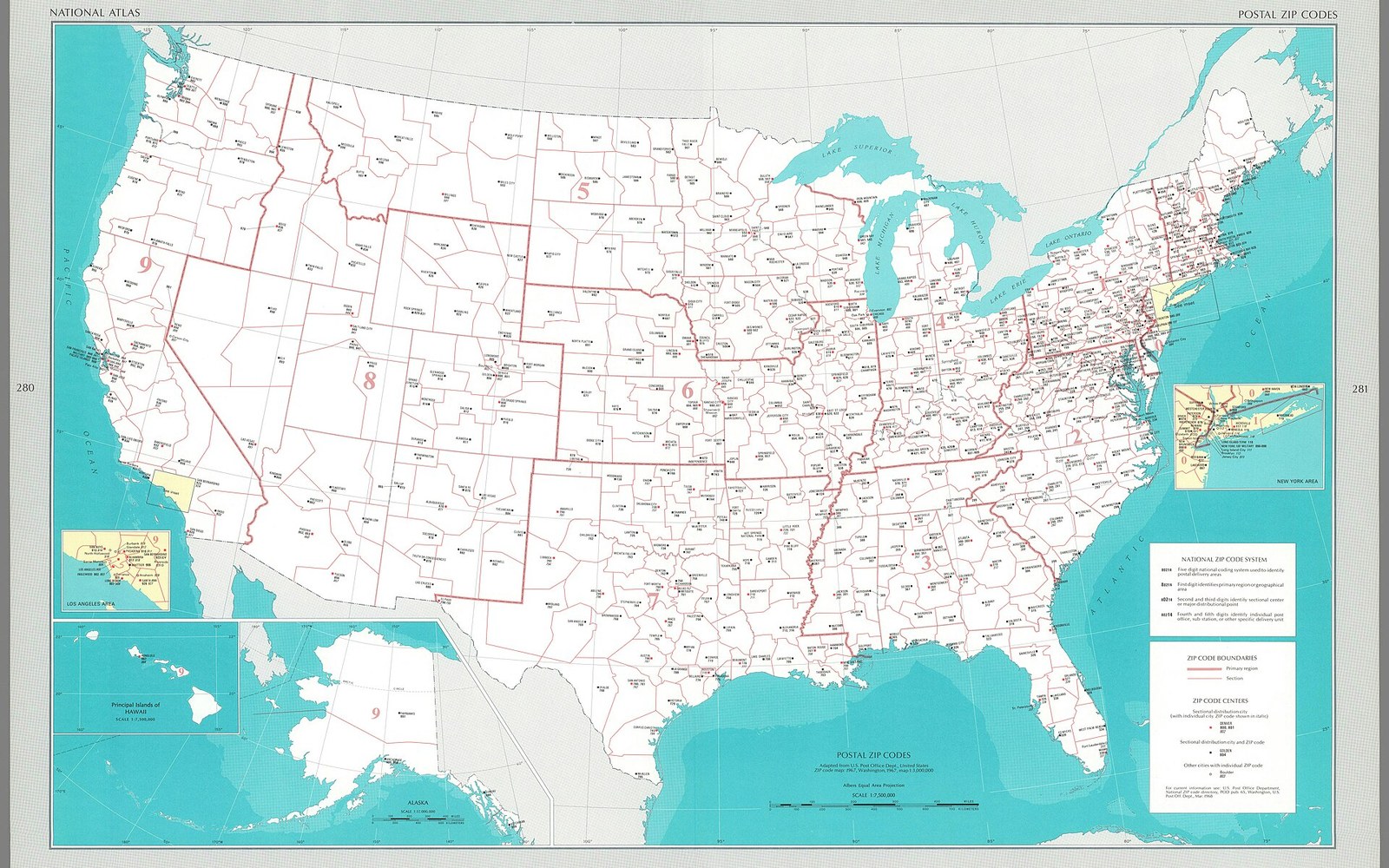 Map of the United States divided into numbered postal zip code regions and boundaries