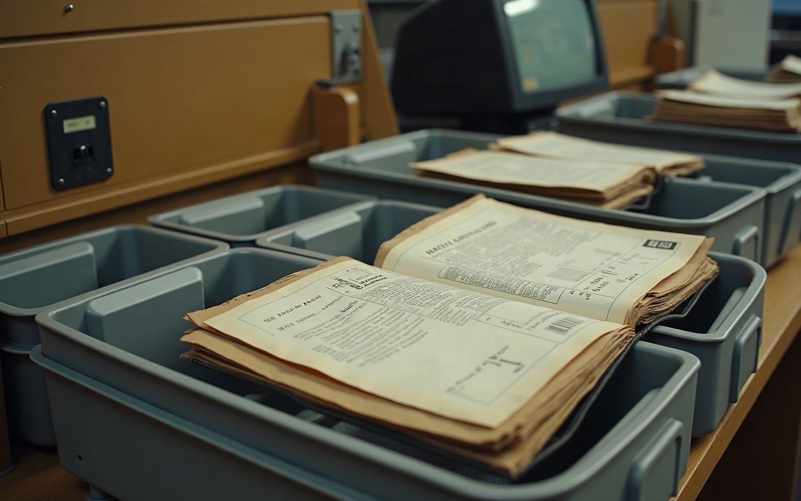 Bound archive volumes with typed entries rest open in gray plastic trays
